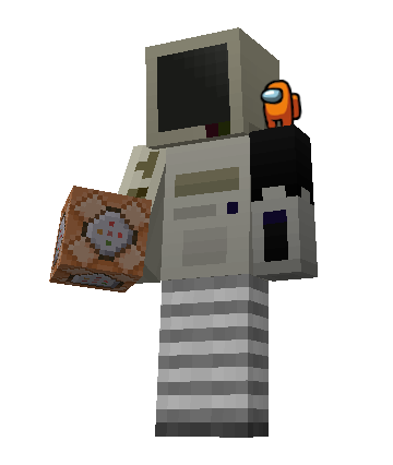 Photo of my Minecraft character holding a command block. My character has a computer-based skin, with a monitor as the head. There's an orange Among Us character on its left shoulder.